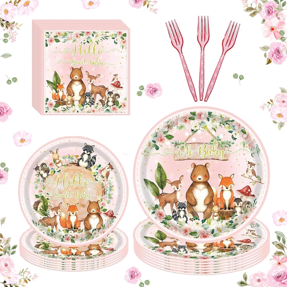 Hello Sweet Baby Party Supplies Disposable Tableware Set - Pink